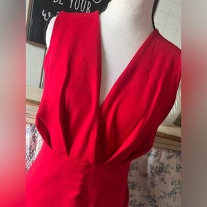 Red Lulus cocktail hour wrap dress.